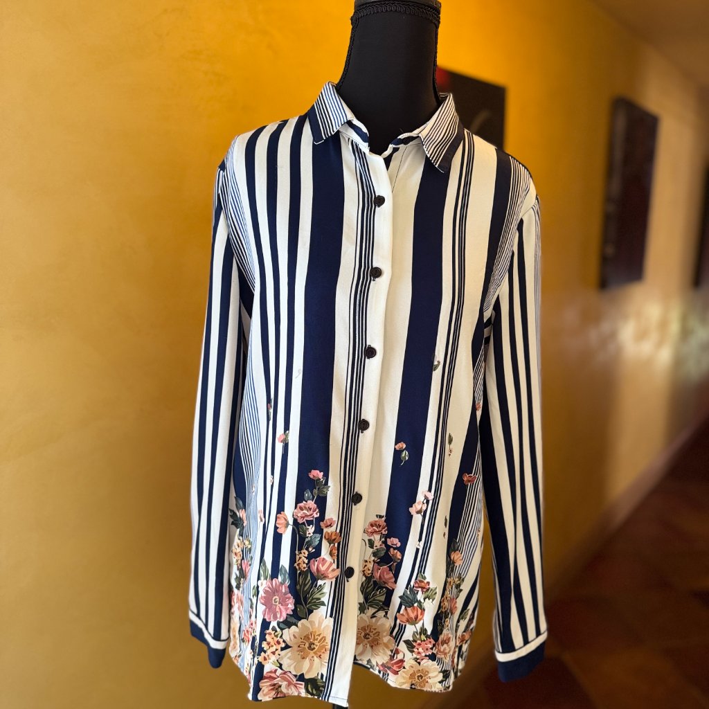 Chic Navy & Ivory Striped Floral Button-Down Blouse Size Small